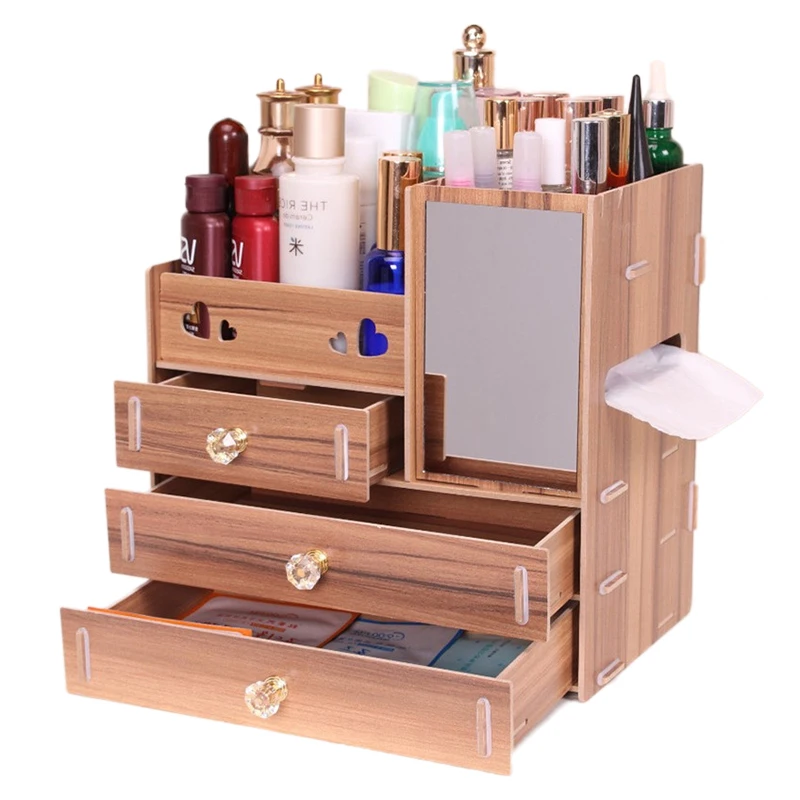 1PCs Large Capacity DIY Wooden Makeup Storage Box With Mirror Jewelry Container Drawer Organizer Cosmetic | Дом и сад