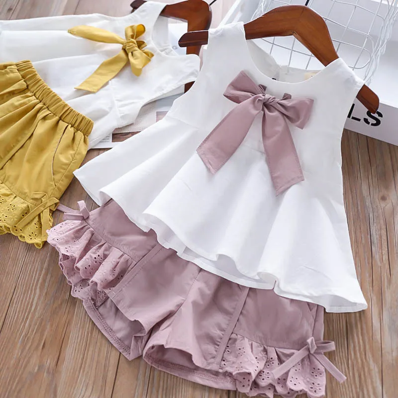 Шорты с цветочным принтом и бантом для девочек Детский костюм из 2 предметов