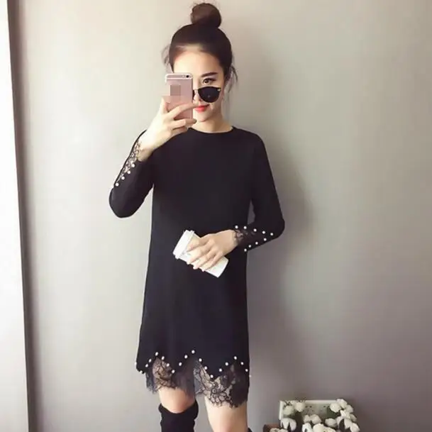 Женское трикотажное платье с длинным рукавом кружевное лоскутное большого