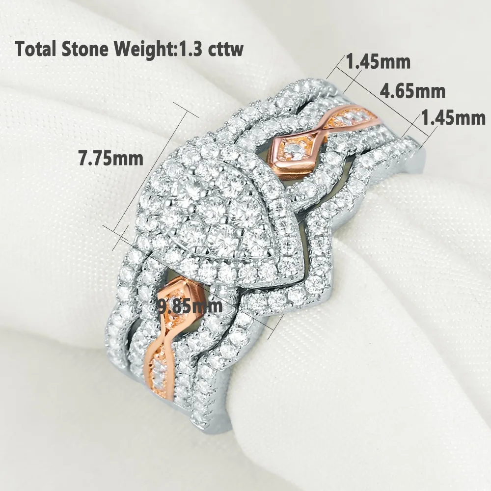 Newshe, 3 шт., 925 пробы, серебряные Свадебные кольца для женщин, 1,3 Ct, двойная груша, форма AAA CZ, обручальное кольцо, набор, модные ювелирные изделия
