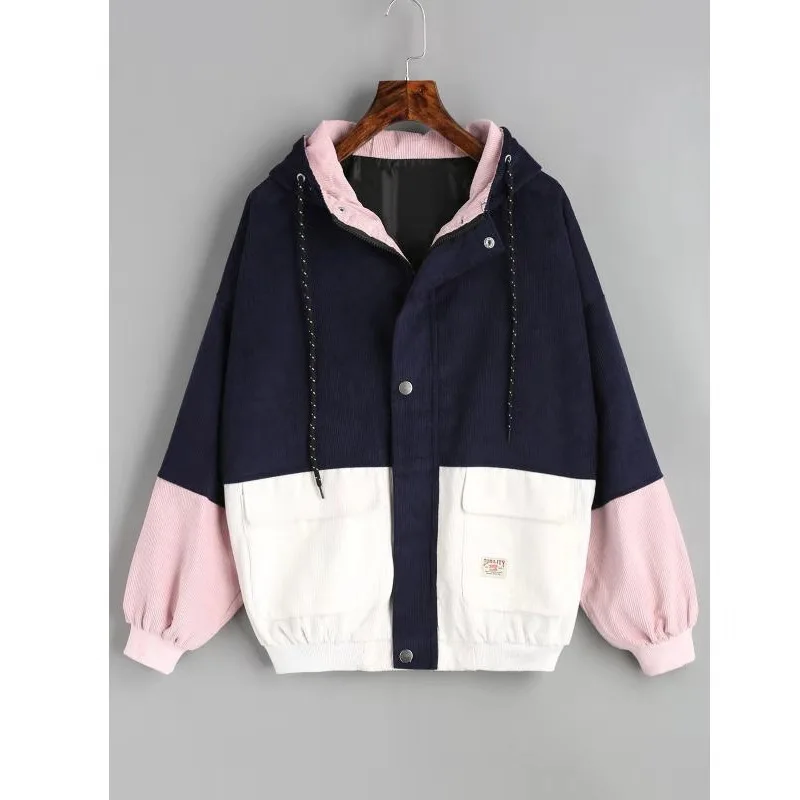 pink Harajuku Корейская куртка на молнии с капюшоном с цветным блоком Вельветовая с карманами K-pop куртка зима/осень 3XL женские куртки пальто - Цвет: pink