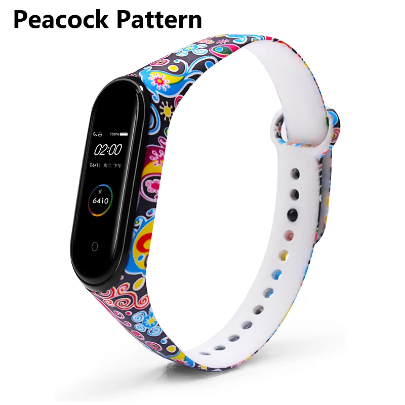 Peacock pattern BOORUI Универсальный Miband 3 4 ремешок pulsera inteligente ремешок для xiaomi mi3 mi4 смарт-браслеты с разнообразными цветами - Цвет: Peacock pattern