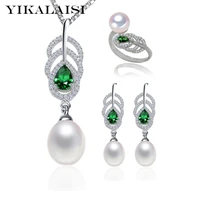 yikalaisi 925 sterling silver natural freshwater pearl ring stud earrings pendant feather jewelry set for women 8 9mm pearl