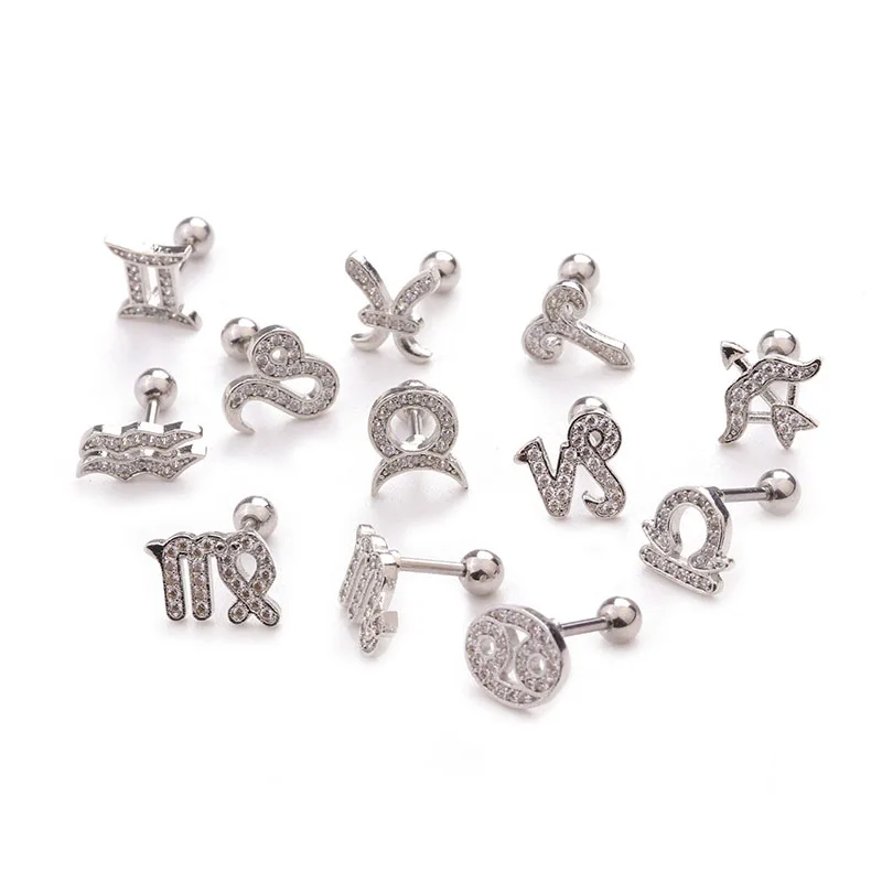 Sellsets, 1 шт., 16 г, сталь, 12 созвездий, CZ, сережка, спиральный для хряща, шпилька, для мужчин и женщин, Грач, серьги, пирсинг