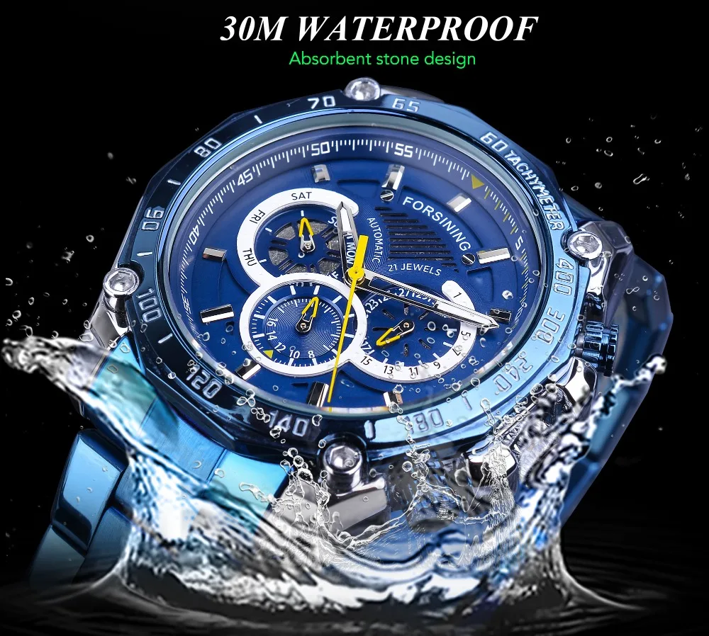 Forsining New Mens Blue Mechanical Watch Fashion Automatic Date Male Business Stainless Steel Wristwatch Relogio Masculino