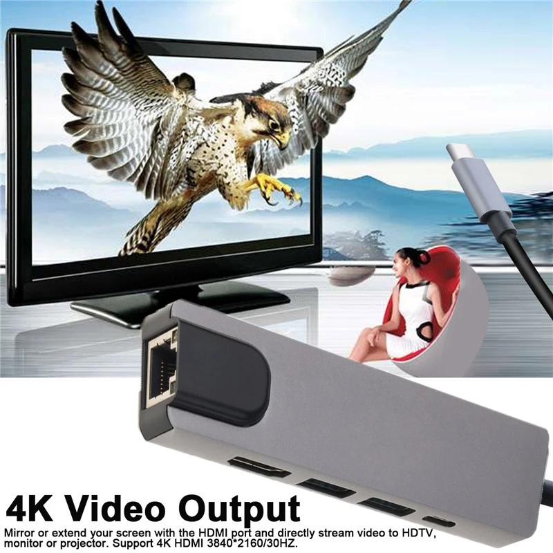 5 в 1 Тип C к HDMI 4K ТВ USB 3 0 видео адаптер конвертер для MacBook до 1000 Мбит/с Gigabit Ethernet Lan RJ45