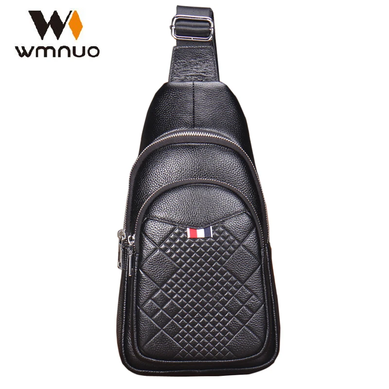 

Wmnuo Chest Bag Men Soft Geometric Cow Leather Crossbody Bag Male Personality Plaid Messenger School Travel Bags High Quality