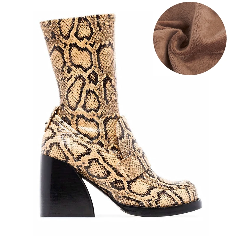 short plush lining Buono Scarpe/женские ботинки с животным принтом; кожаные женские ботинки; Botas Fenimina; женские ботинки на массивном каблуке со змеиным принтом; Botas Mujer - Цвет: short plush lining