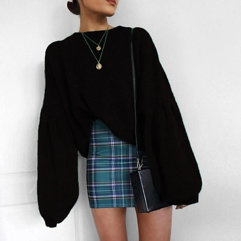 Erregina Women's Loose Long Lantern Sleeve Round Neck Fashion Pullover Autumn Winter Knitted Solid Sweater Tops Ladies | Женская