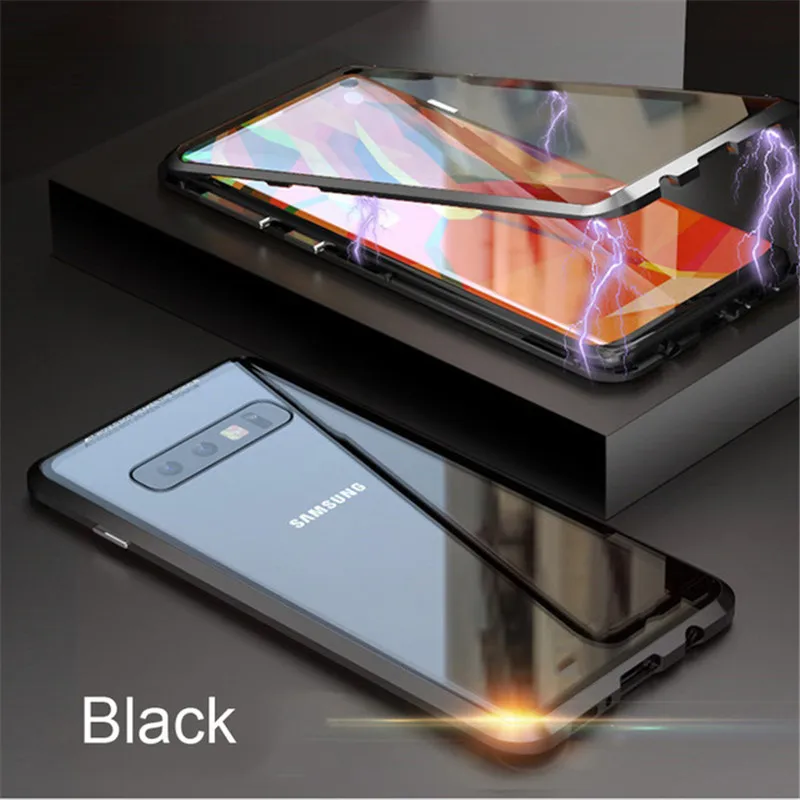 Magnetic Case for Samsung Galaxy S10 S10e S10 Plus 5G S8 S9 Plus Note 8 9 Front+Back double-sided Tempered Glass For A7 A9 - Цвет: Black-Black