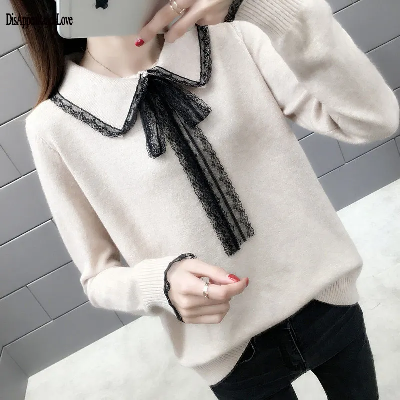 

Winter Korean women's knitted sweater Coat turn-down collar loose lace sweater solid casual Female pullovers tops plus size