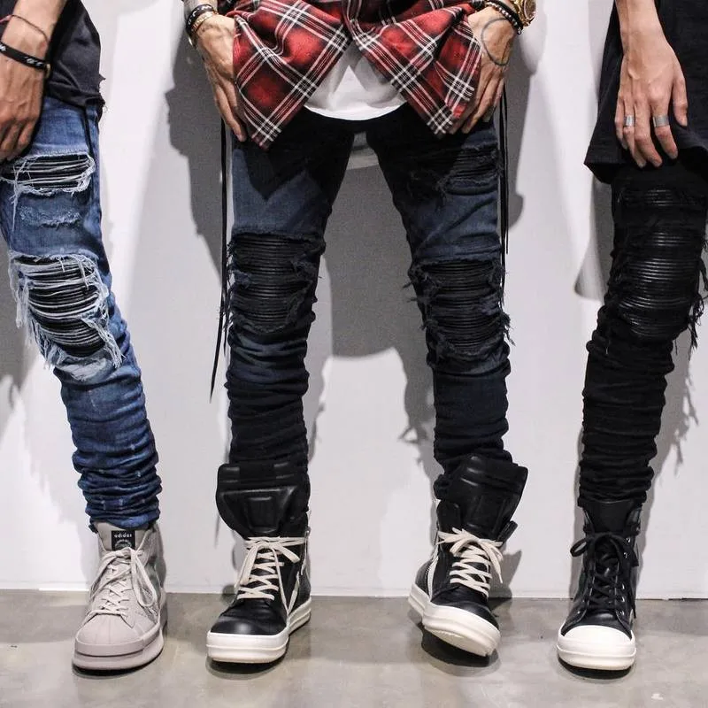 Джинсы мужские зауженные на молнии, байкерские Брюки slim fit, винтажные рваные джинсы Джастина Бибера, синие (art.: 7a34183b9) - 7a34183b9