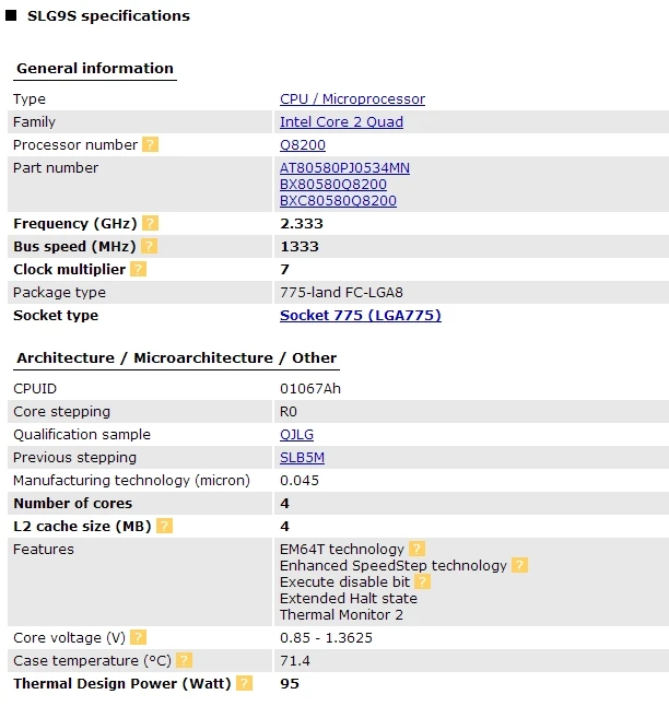 Процессор INTEL core 2 quad Q8200 cpu(2,33 ГГц/4 м/1333 ГГц) Socket LGA 775 настольный процессор