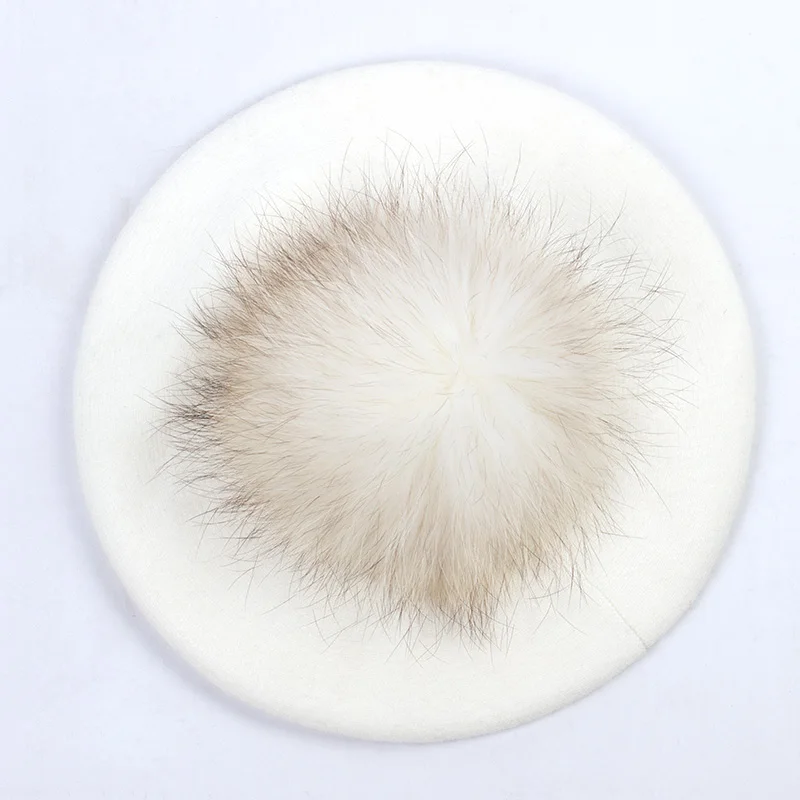 White A Geebro, женские береты, шапка, зимние, повседневные, вязаные, шерстяные береты с натуральным мехом енота, с помпоном, женские, одноцветные, береты, шапки GS109 - Цвет: White A
