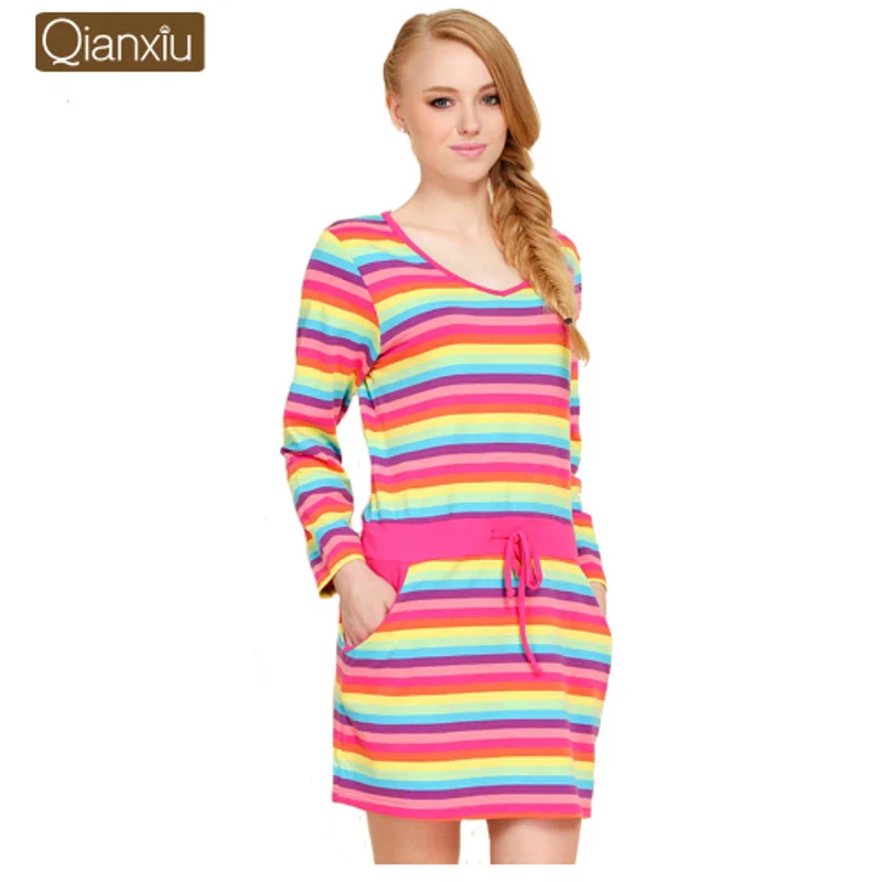 2019 Осенняя Женская Повседневная Ночная рубашка в полоску с поясом женское