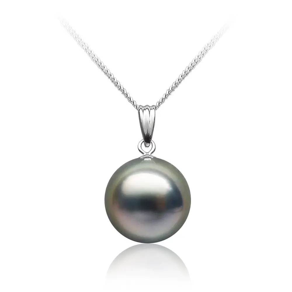 

Free Shipping 10.5-11mm Round Black Green Real Tahitian Cultured Pearl Pendant 18k White Gold