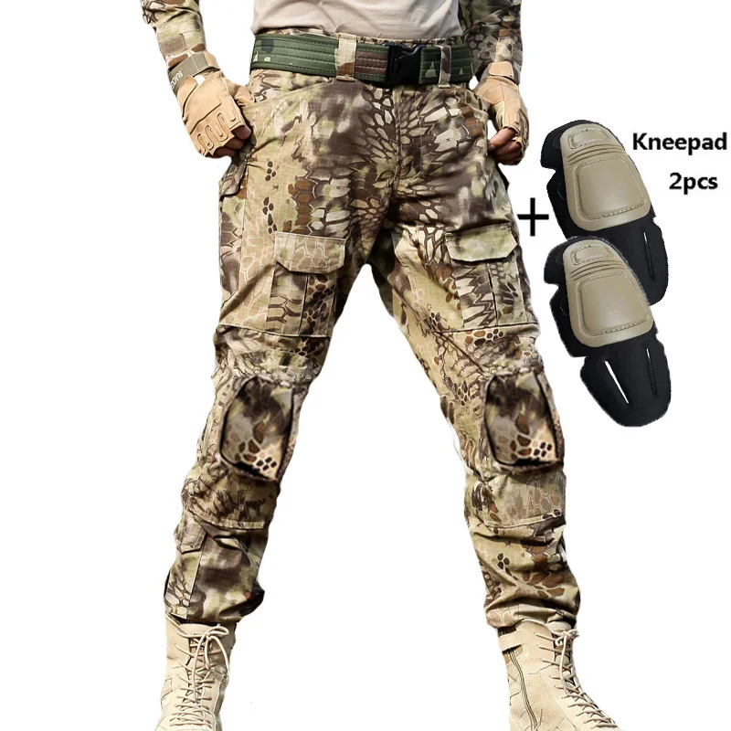 With kneepads Костюм лягушки, тактические военные штаны, рабочие армейские тренировочные уличные охотничьи боевые мужские свободные повседневные камуфляжные брюки SWAT с несколькими карманами - Цвет: With kneepads