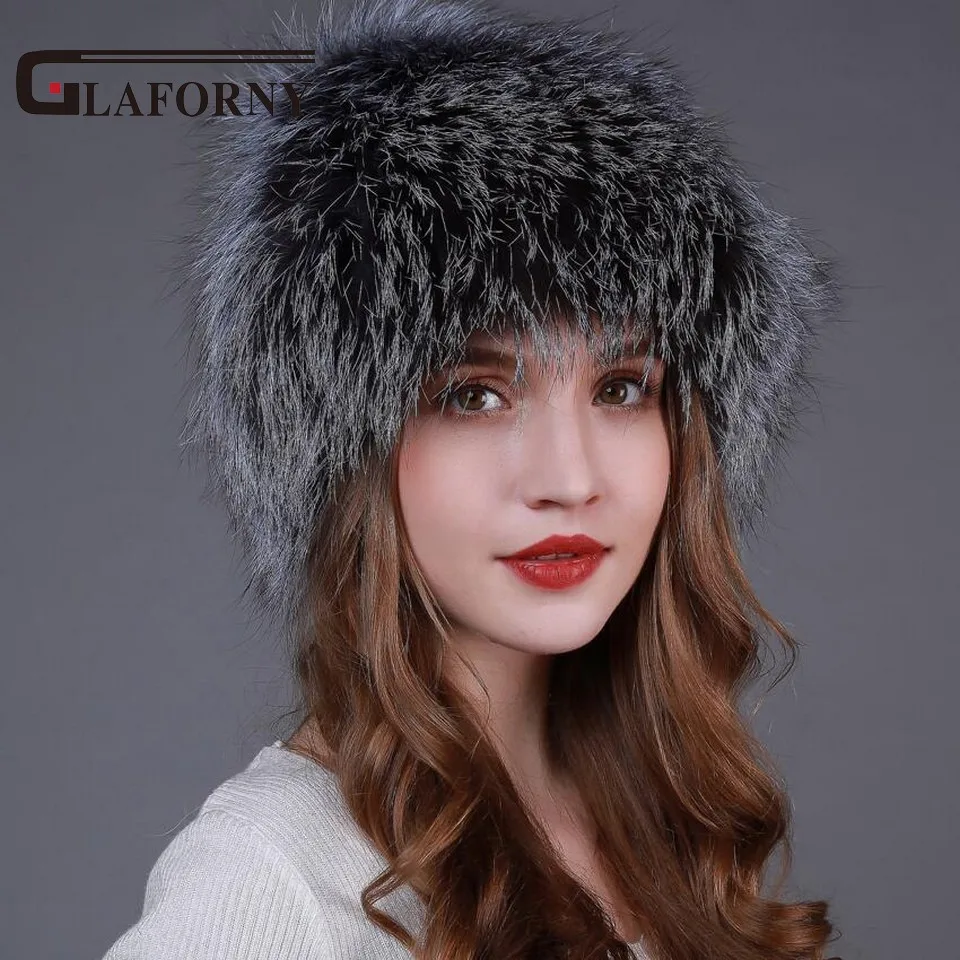Glaforny Новое поступление вязаные шапки из меха серебристой лисы женские зимние