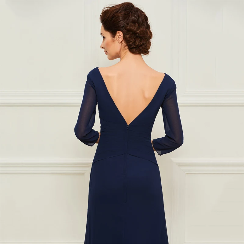 Dressv темно-синее длинное платье для матери невесты с v-образным вырезом