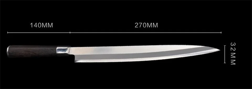 270MM Японский кухонный нож Sashimi Yanagiba немецкий нож из нержавеющей стали японский Кливер рыба лосось филе нарезка нож для приготовления пищи 10,2 г - Цвет: 270MM