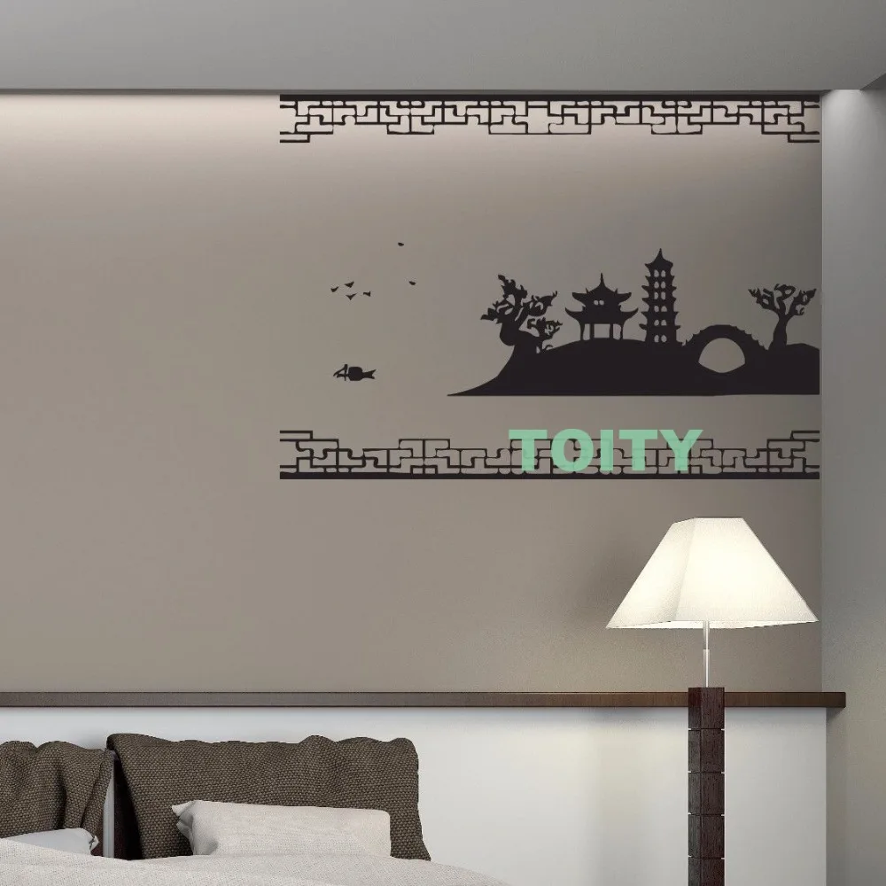 Vinyl Decal Landscape Attributes Chinese Pagoda Sakura Wall Sticker Home Room Interior Design Art Decor Murals M L | Дом и сад