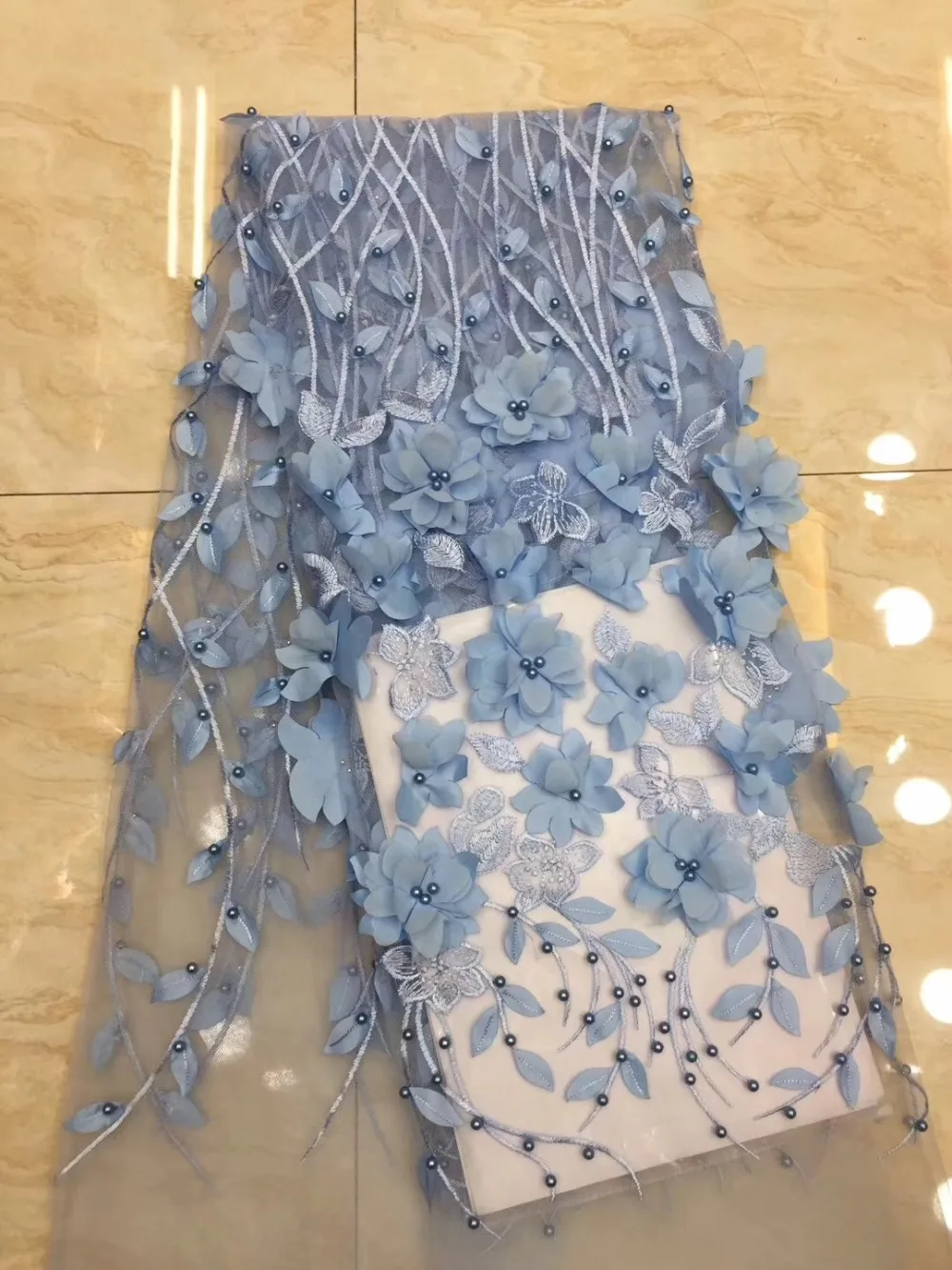 Free shipping 5yards/set High quality French net lace with beads and 3D flower embroidered for wedding decoration! | Дом и сад