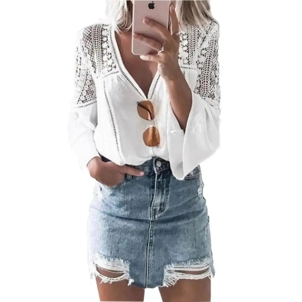 Летний стильный женский топ с роговым рукавом кружевной вышивкой укороченные