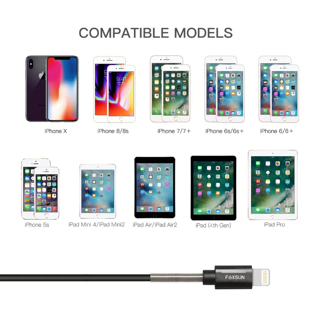 Кабель FOXSUN с Lightning на USB прочный и быстрый зарядный Шнур для iPhone 5 6 7 Plus SE iPad Air Pro Mini