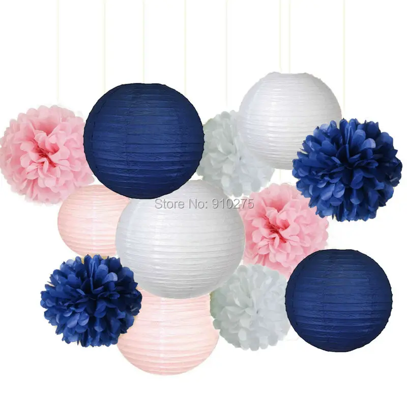 Помпоны помпон из бумаги 12 шт. смешанный темно синий розовый белый детский для