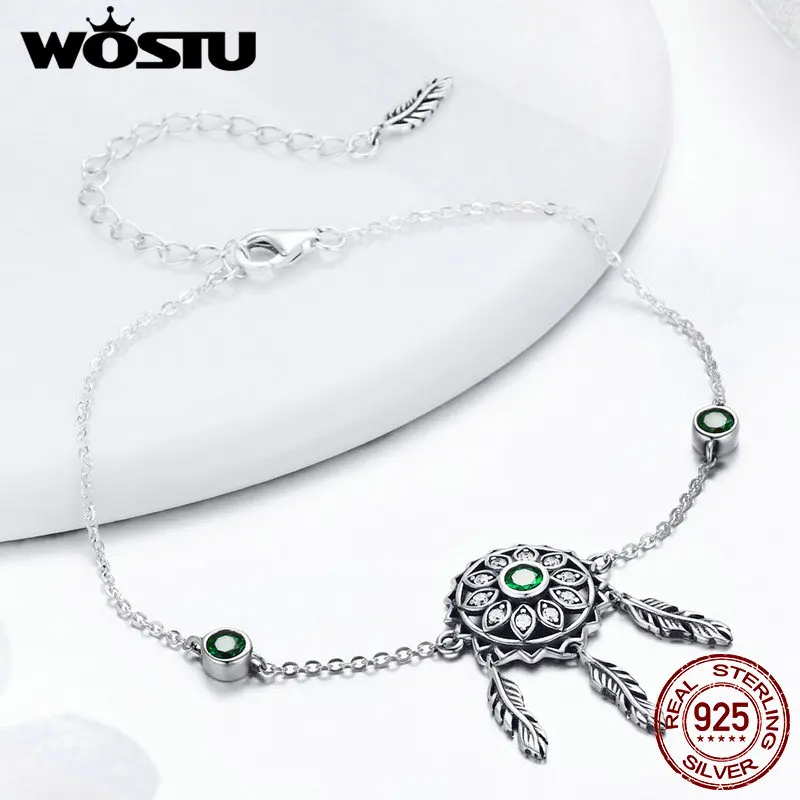 WOSTU New Design 925 Sterling Silver Green Dreamcatcher Chain &amp Link Bracelets For Women Original Authentic Jewelry Gift FIB078 |