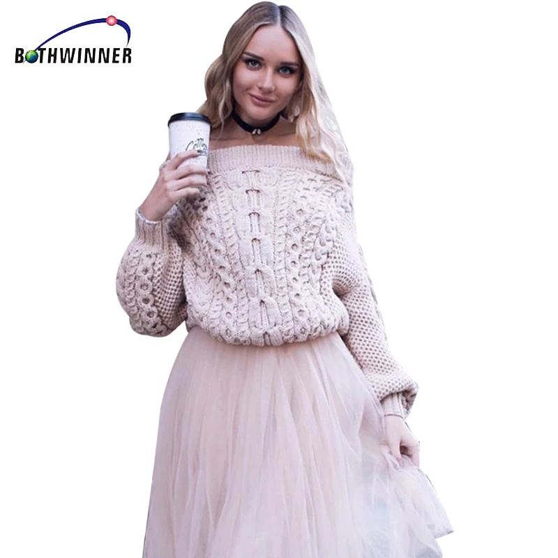 Bothwinner Women Casual Pullover Sweaters Ladies Autumn Blue Cable Knit Long Sleeve Off The Shoulder Oversized Sweater | Женская одежда