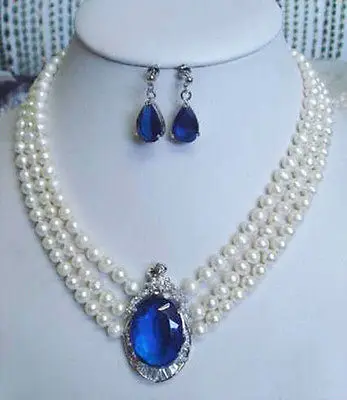 

3 rows white pearl pendant necklace earrings>free shipping