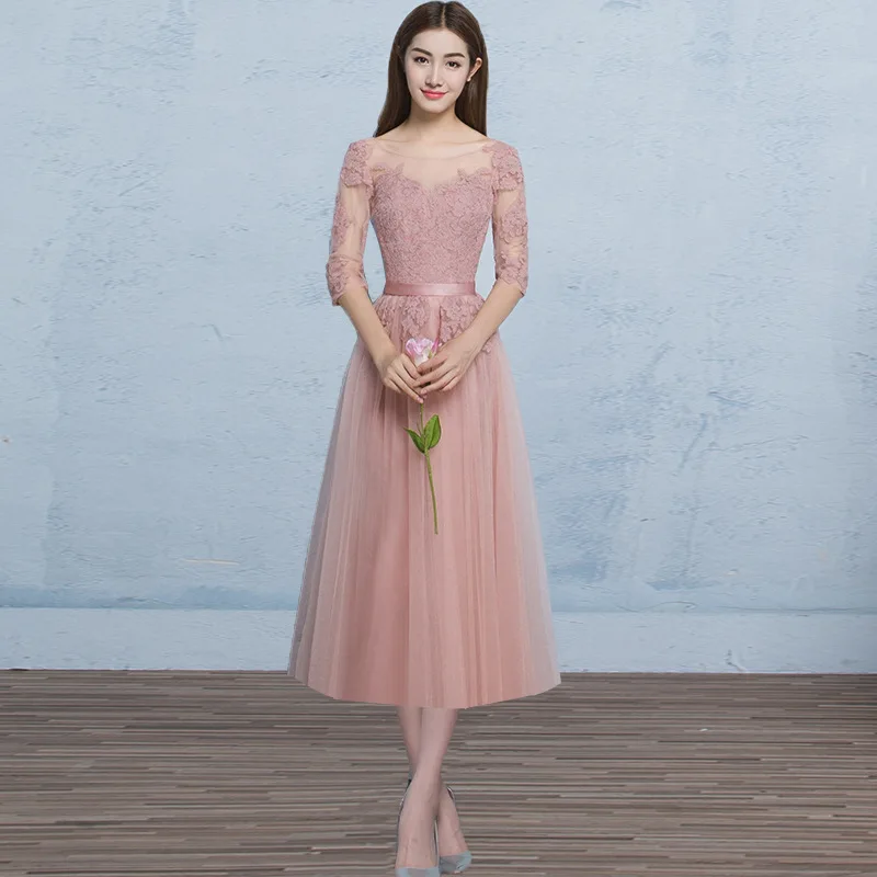 dusty pink M-long Пыльно-розовые элегантные длинные вечерние платья с коротким рукавом, кружевные женские вечерние платья, платья Vestidos - Цвет: dusty pink M-long