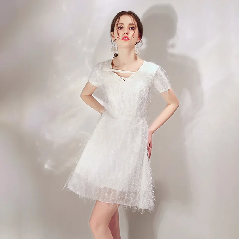 SSYfashion элегантное мини белое коктейльное платье с кисточками и v образным вырезом