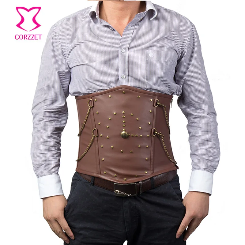

Vintage Rivet Chain Brown Faux Leather Steampunk Corset For Men Body Shaper Tummy Belt Slimming Underwear Mens Gothic Clothing