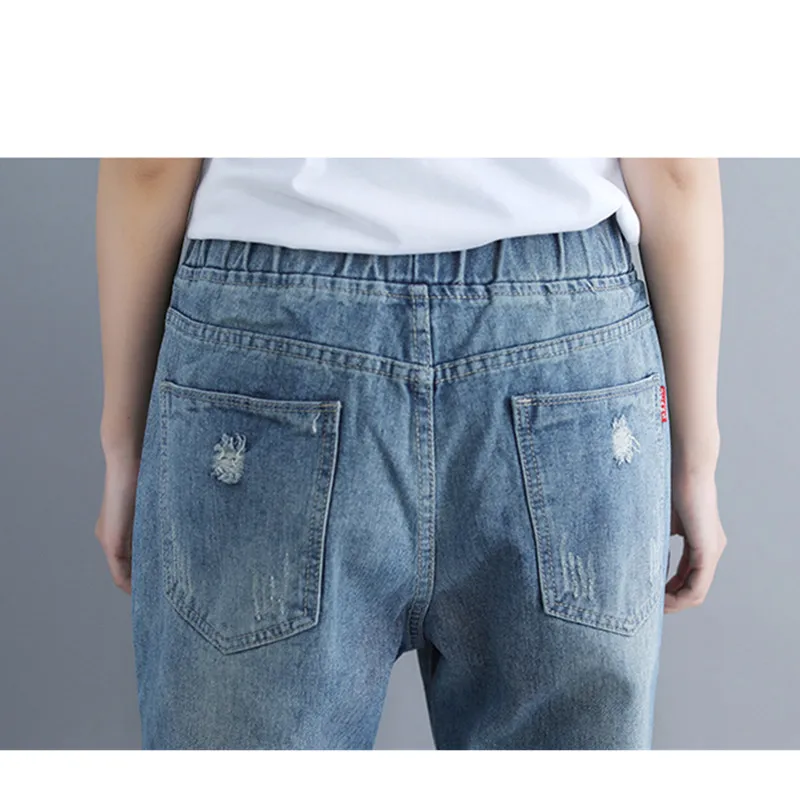 

2019 Summer New Fashion Women 4 pockets Stretch waist Jeans Plus size Loose Casual Female Hole All-match ankle length Pants tide