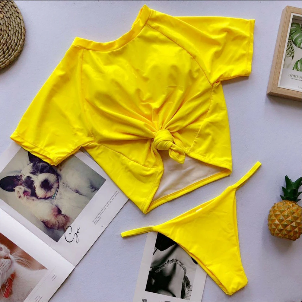 Повседневная футболка купальник с узлом спереди короткие бикини высоким воротом