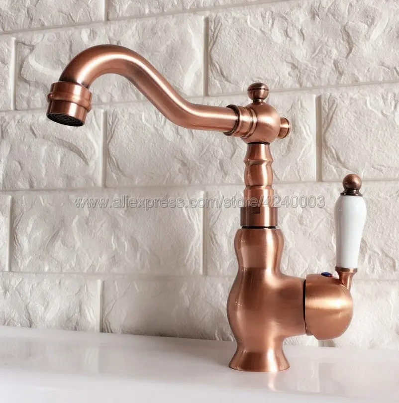 

Basin Faucet Antique Red Copper Ceramic handle Bathroom Sink Swivel Mixer Tap Hot and Cold Water faucets Knf405