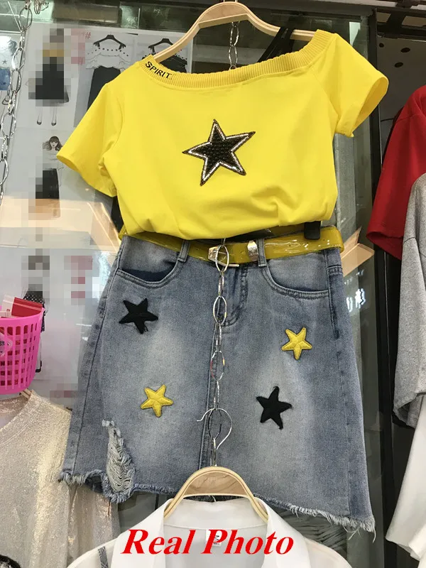 Yellow set Для женщин новые летние Повседневное комплект из двух предметов, расшитые блестками с вырезом лодочкой футболка+ с вышивкой и звездами джинсовая юбка с бахромой с поясом - Цвет: Yellow set