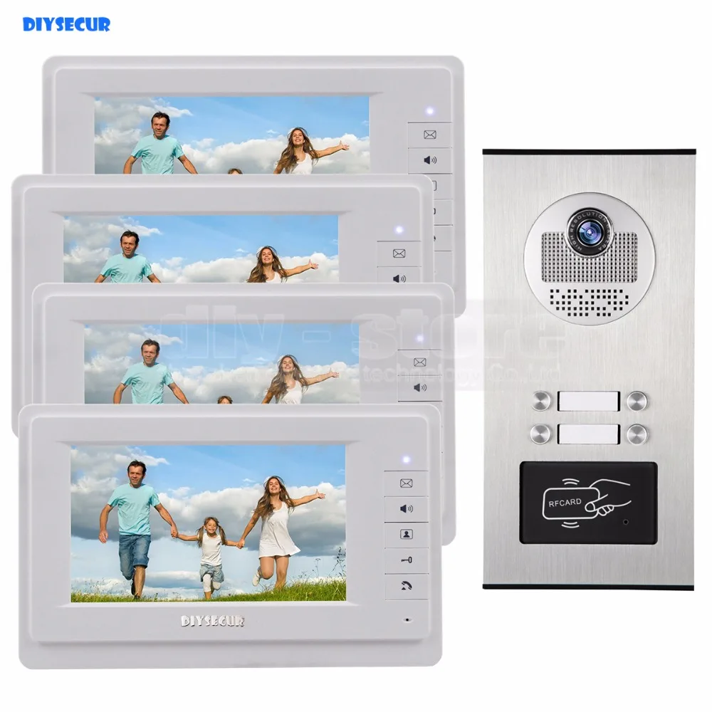 DIYSECUR 7 "appartement Video Intercom Deurbel Video Deurtelefoon Systeem 700 TVLine IR Camera ingebouwde Rfid-lezer Voor 4 Gezinnen