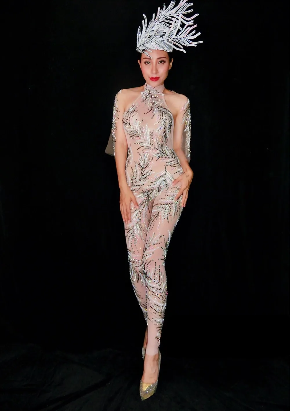 Блестящий сетчатый эластичный боди с кристаллами сексуальный женский