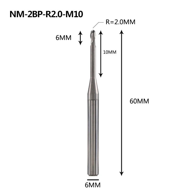 NM-2BP-R2.0-M10 NM-2BP, Вольфрамовая сталь, 2 флейты, круглый нос, длинная шея, с покрытием, Концевая фреза, Фрезерный резак, режущие инструменты для меди и алюминиевого сплава - Длина режущей кромки: NM-2BP-R2.0-M10