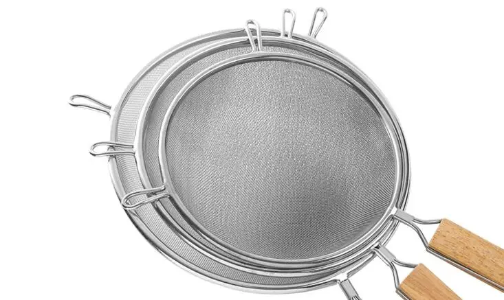 Stainless steel flour sifter Sieve Colanders S/M/L/XL Size Fine Mesh Wire oil strainer pot Frying Basket for baking Cooking Tool