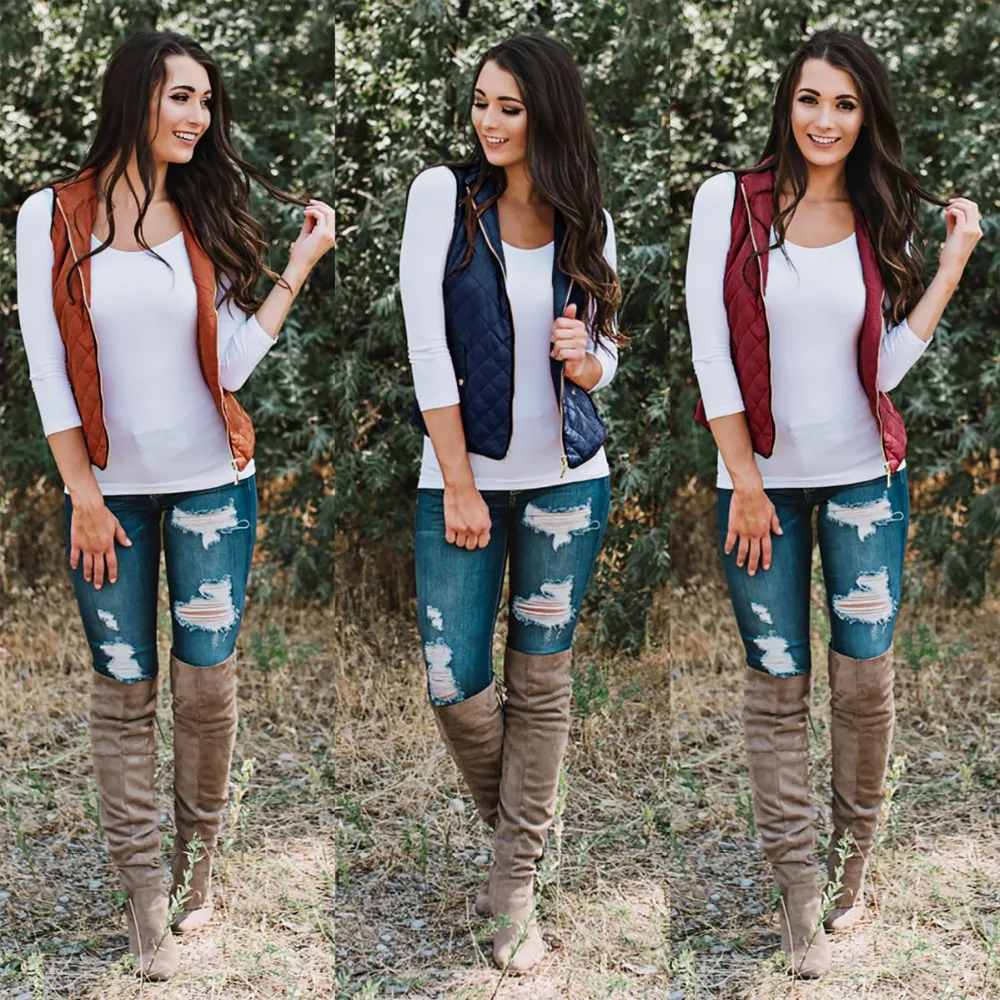 Новинка 2018 Женский Повседневный жилет на молнии легкий стеганый с отложным