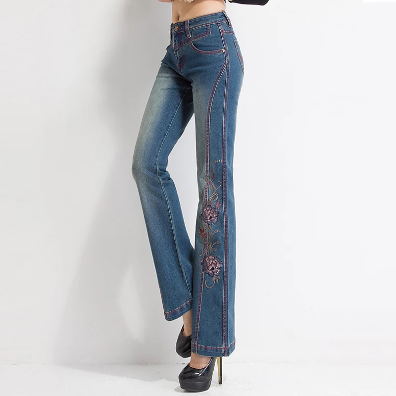 Женские джинсы с вышивкой высокая талия женские вышитые тонкие расклешенные