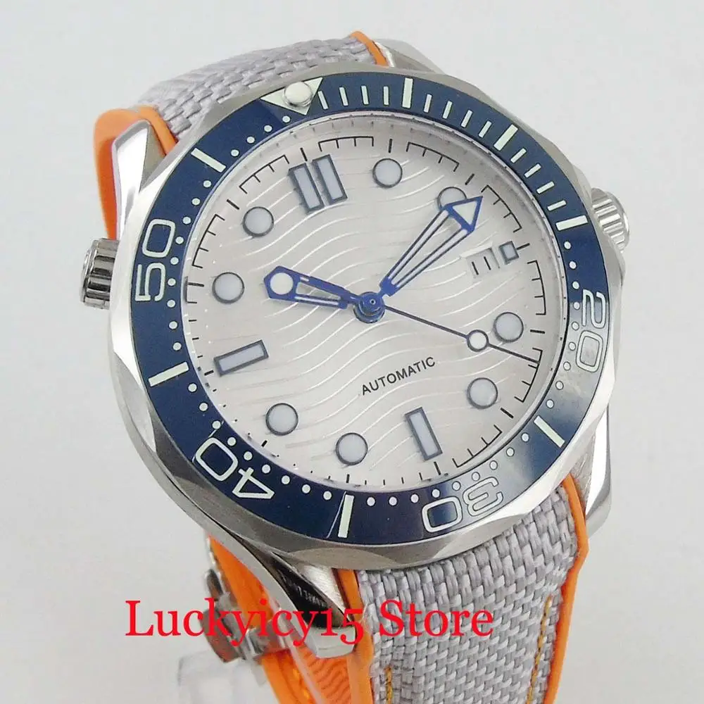 

Top Brand White Men's Watch Automatic Movement Rubber Strap 41mm Time Watch Wave Dial