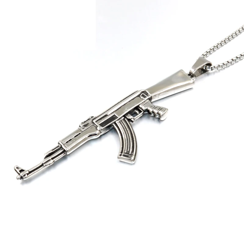 

New Hip Hop AK47 Necklace Pendant Women Men Jewelry Wholesale Silver Color Stainless Steel Gun Necklace with Hiphop Chain