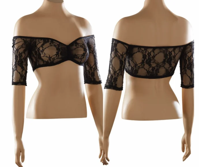 black Womens Plus Size Strapless Off Shoulder Crop Top Seamless Arm Shaper Short Sleeve Cropped Navel Lace Top Perspective Underwear - Цвет: black