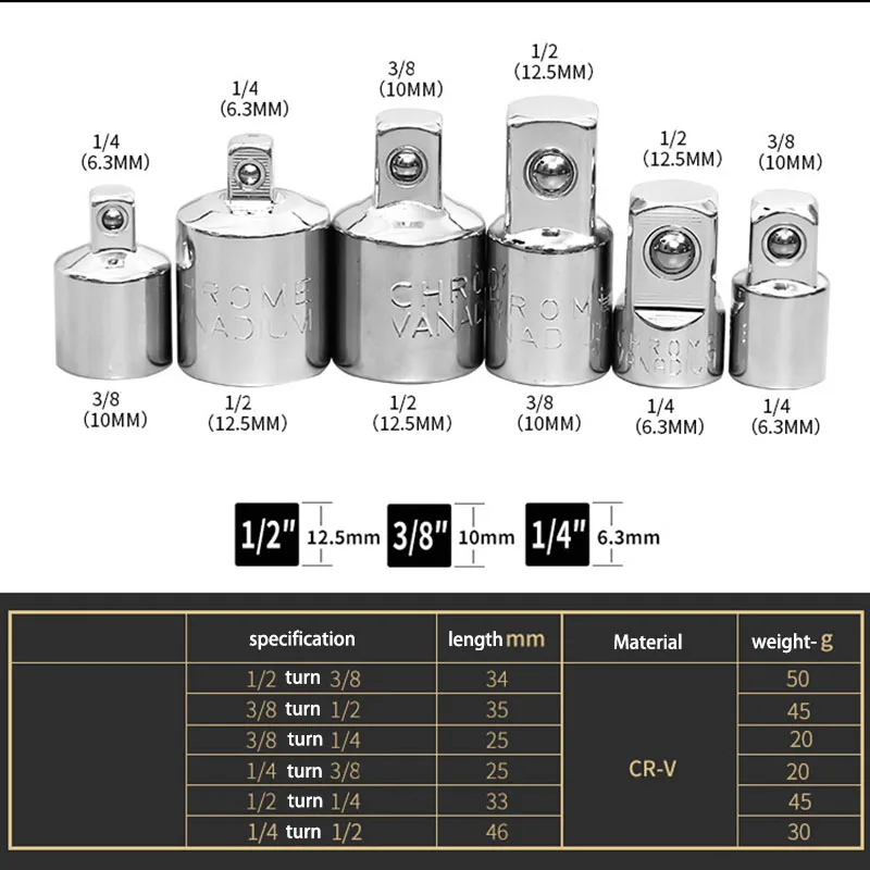 6pc Ratchet Wrench Socket Converter Head Sleeve Adapter 1/2 Big Fly To 3/8 Fly To 1/4 Steel 12.5mm Household Ratchet Wrench Hand