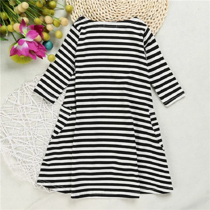 Платье в полоску с длинными рукавами для девочек цвет черный темно-синий Новинка